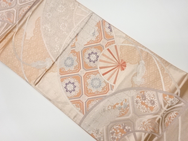 リサイクル　檜扇に蜀江文・華紋・花々模様織出し袋帯